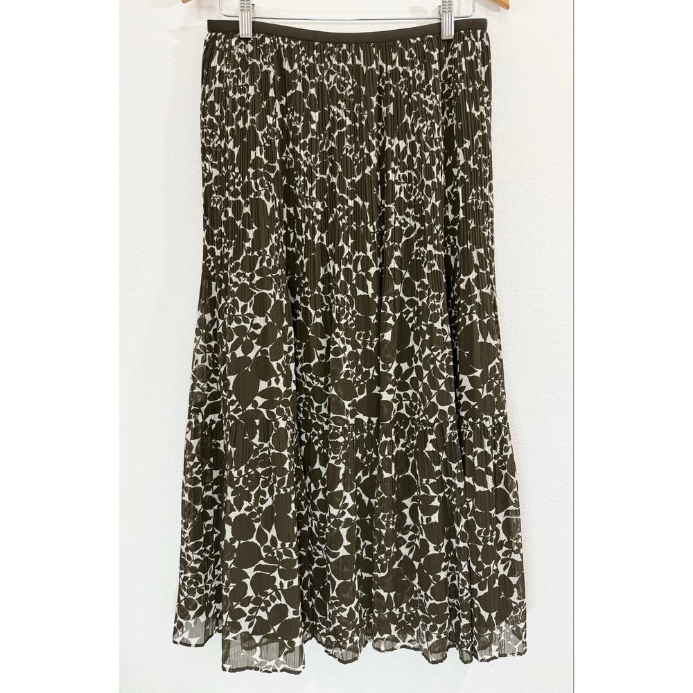 Uniqlo Chiffon Tiered Skirt Printed Olive Pleated Maxi Midi Elastic Waist L - Picture 2 of 10